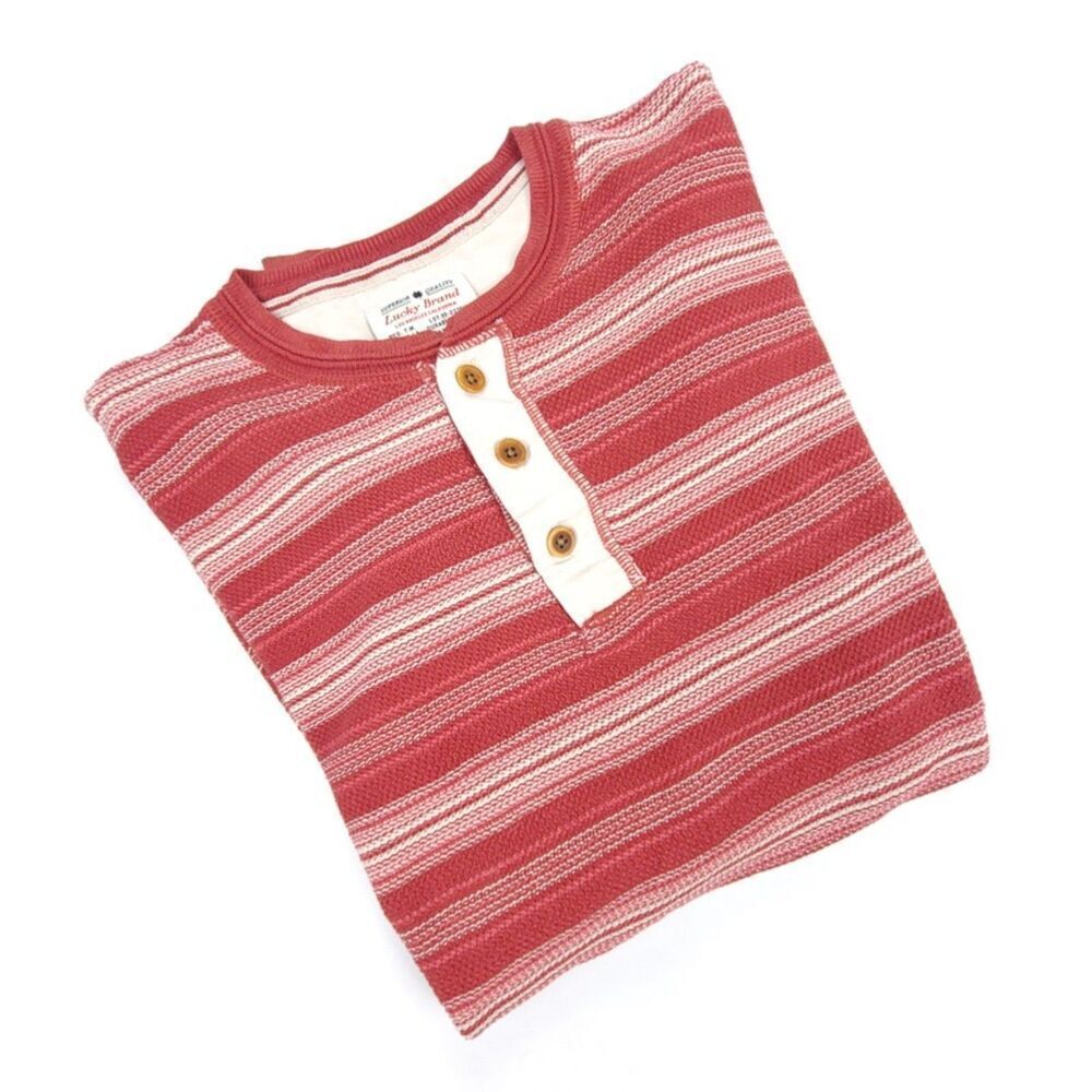 LUCKY BRAND 90s Handcrafted Knit Henley Sweater Mens Large Red Vintage‎ Stripe - Picture 9 of 9